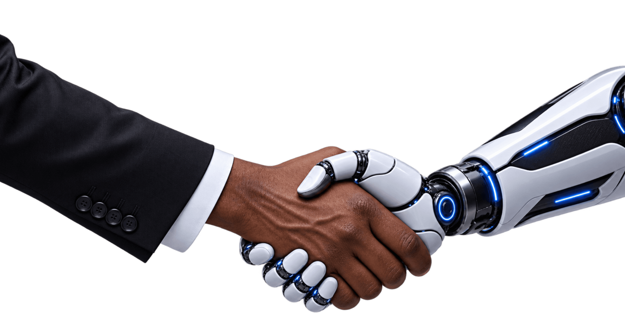 A business professional and a robotic hand shaking hands