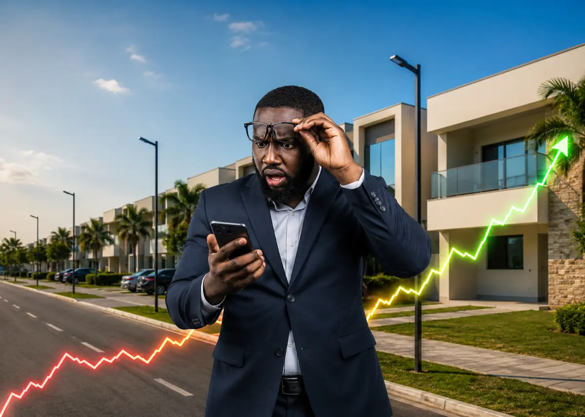 A business owner checking his phone, uncertain about a decision